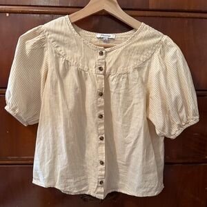 Maxwell size XS pale yellow & white stripe puff sleeve button up top.